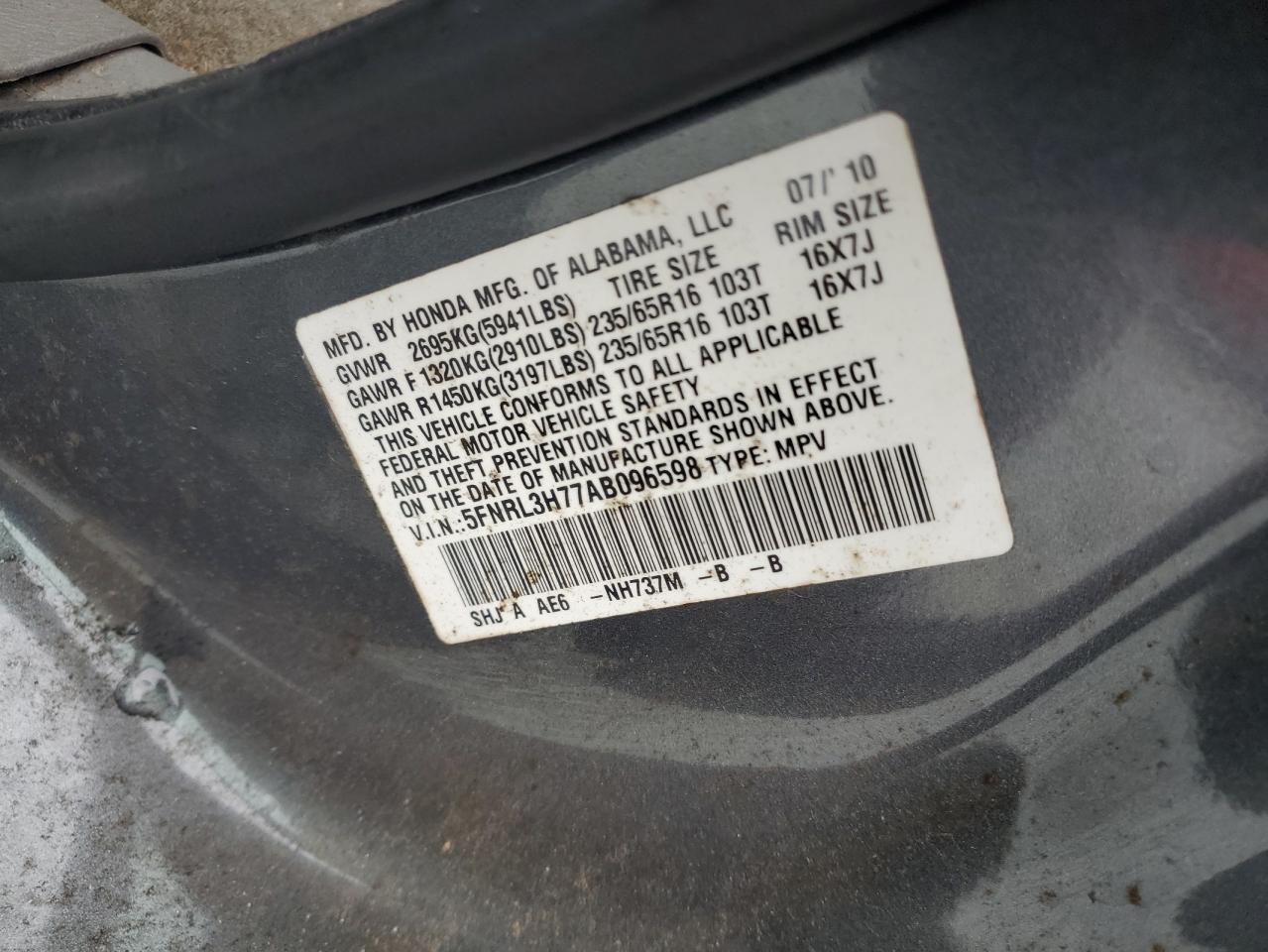 5FNRL3H77AB096598 2010 Honda Odyssey Exl