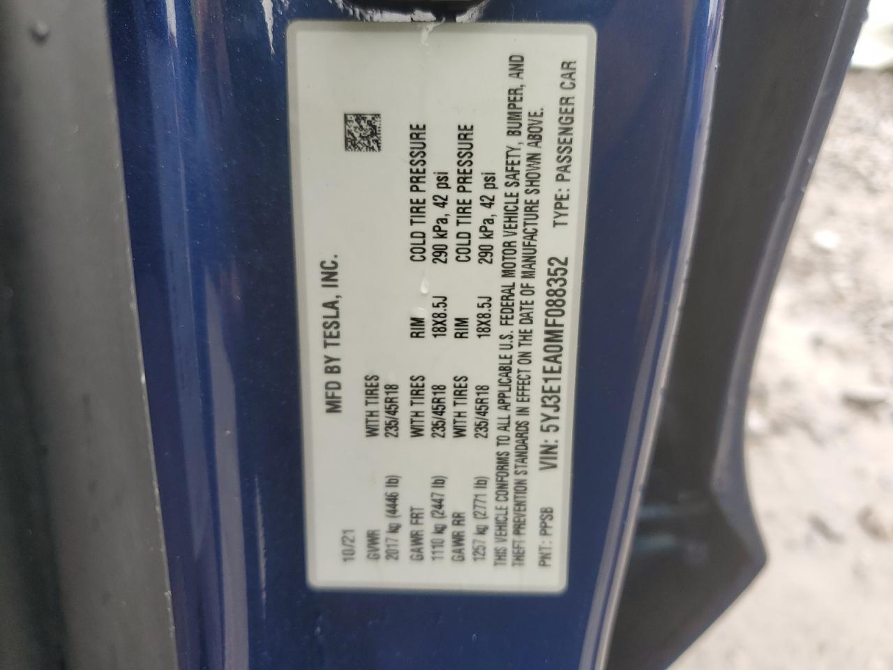 2021 Tesla Model 3 VIN: 5YJ3E1EA0MF088352 Lot: 70699424