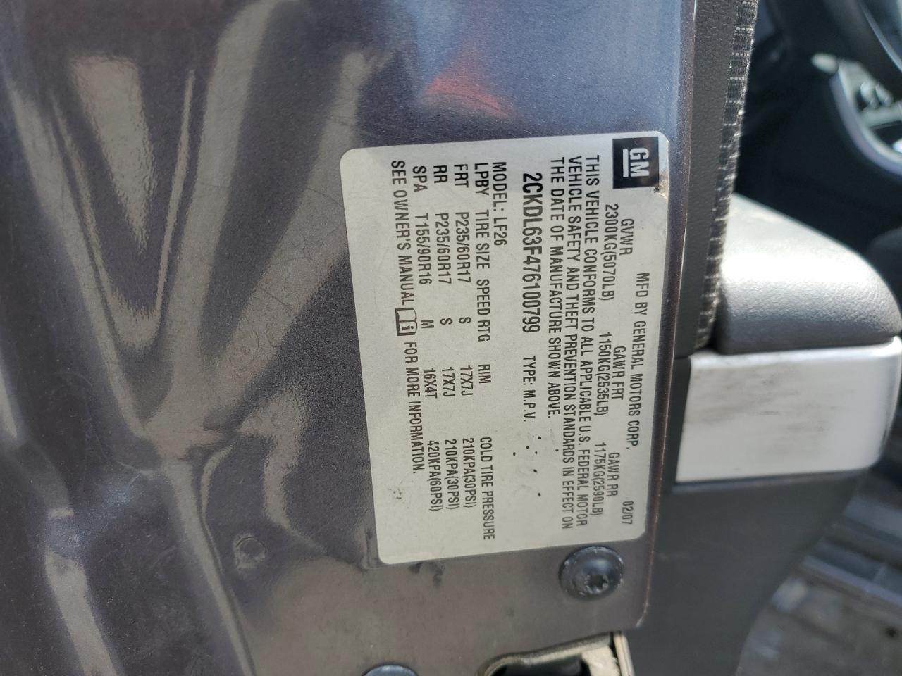 2CKDL63F476100799 2007 Pontiac Torrent