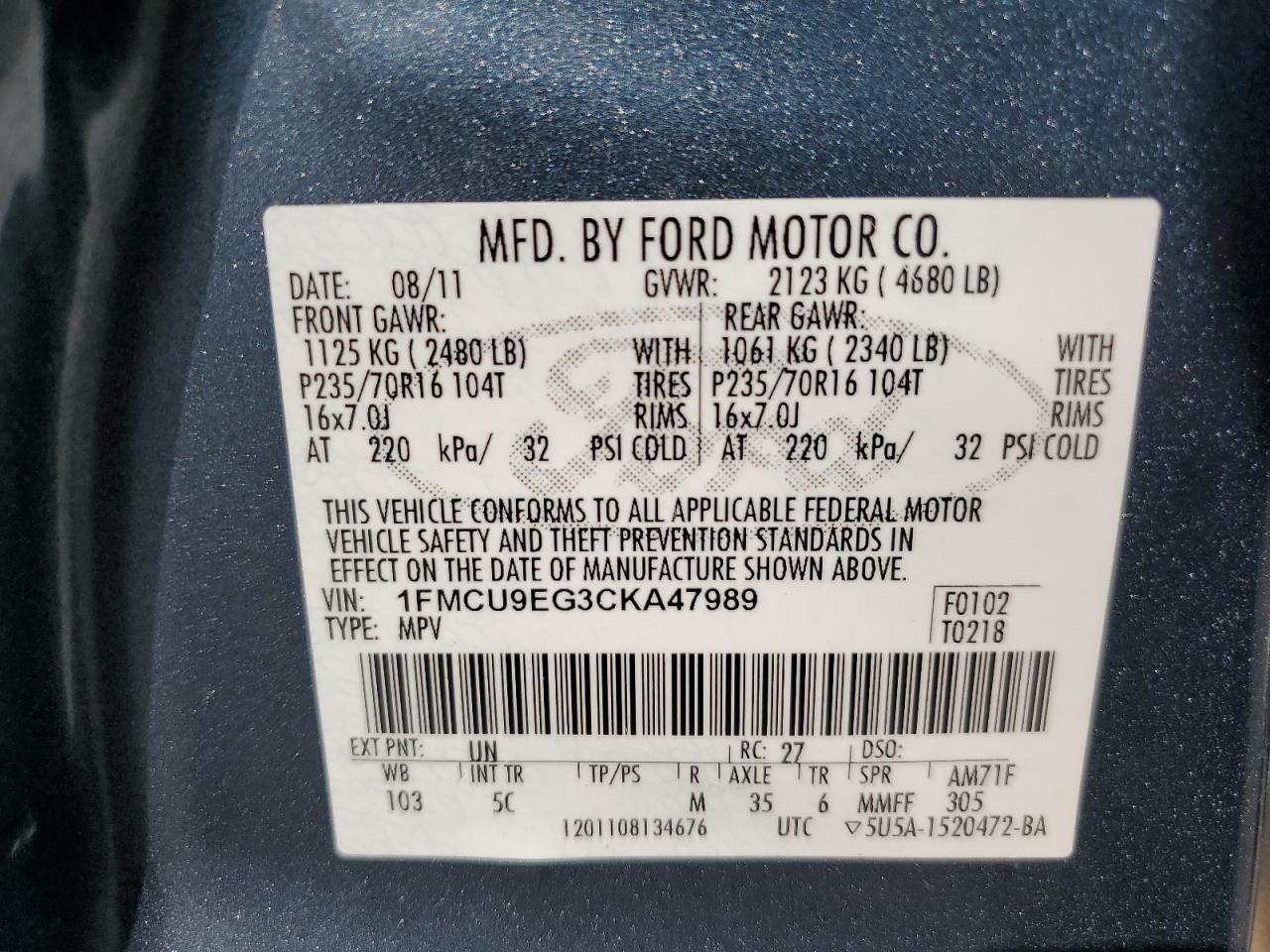 2012 Ford Escape Limited VIN: 1FMCU9EG3CKA47989 Lot: 70139184