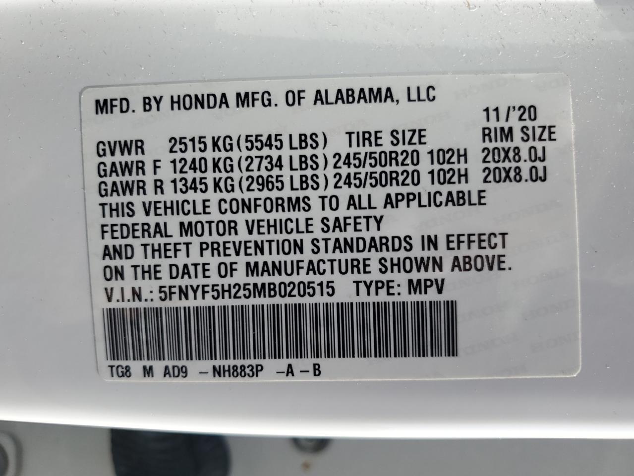 2021 Honda Pilot Se VIN: 5FNYF5H25MB020515 Lot: 72502724