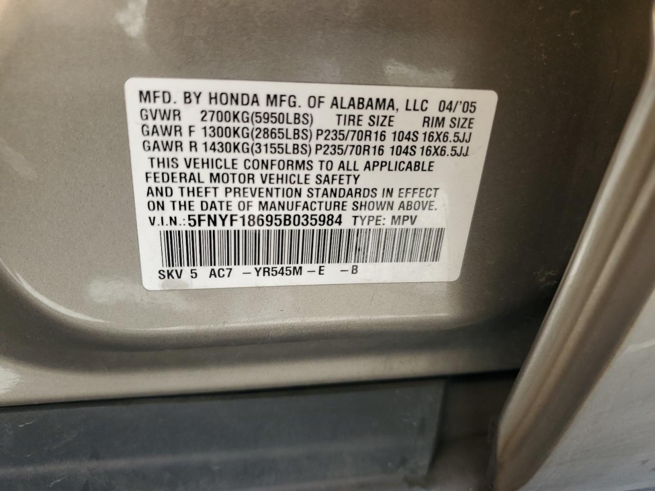 2005 Honda Pilot Exl VIN: 5FNYF18695B035984 Lot: 71307864
