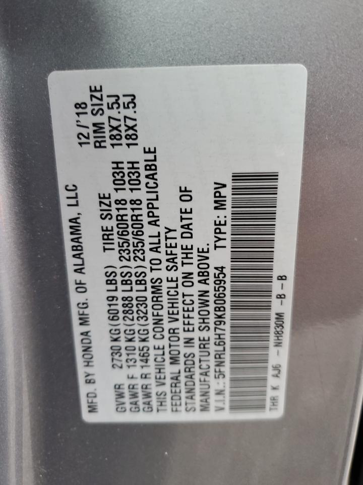 5FNRL6H79KB065954 2019 Honda Odyssey Exl