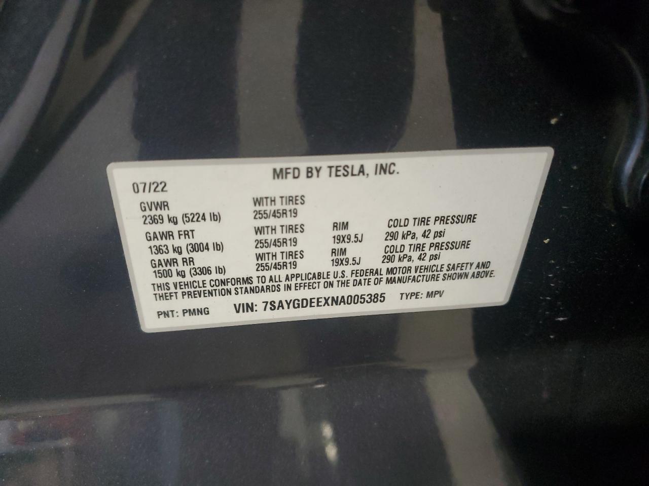 2022 Tesla Model Y VIN: 7SAYGDEEXNA005385 Lot: 71791734