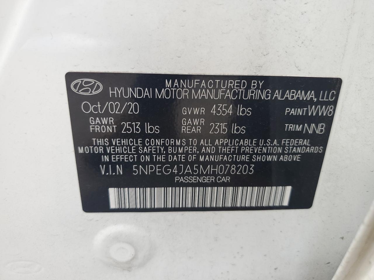 5NPEG4JA5MH078203 2021 Hyundai Sonata Se