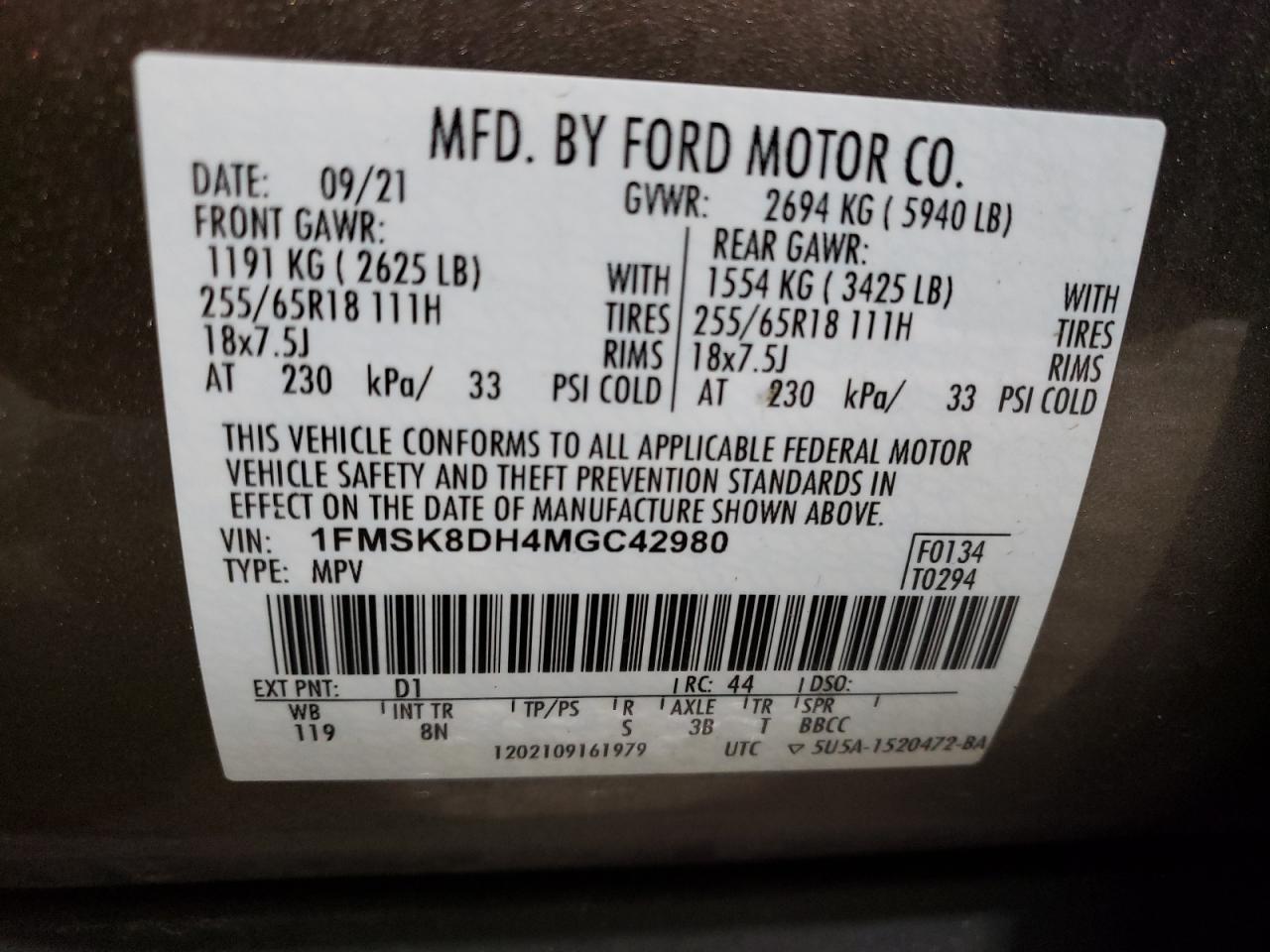 1FMSK8DH4MGC42980 2021 Ford Explorer Xlt