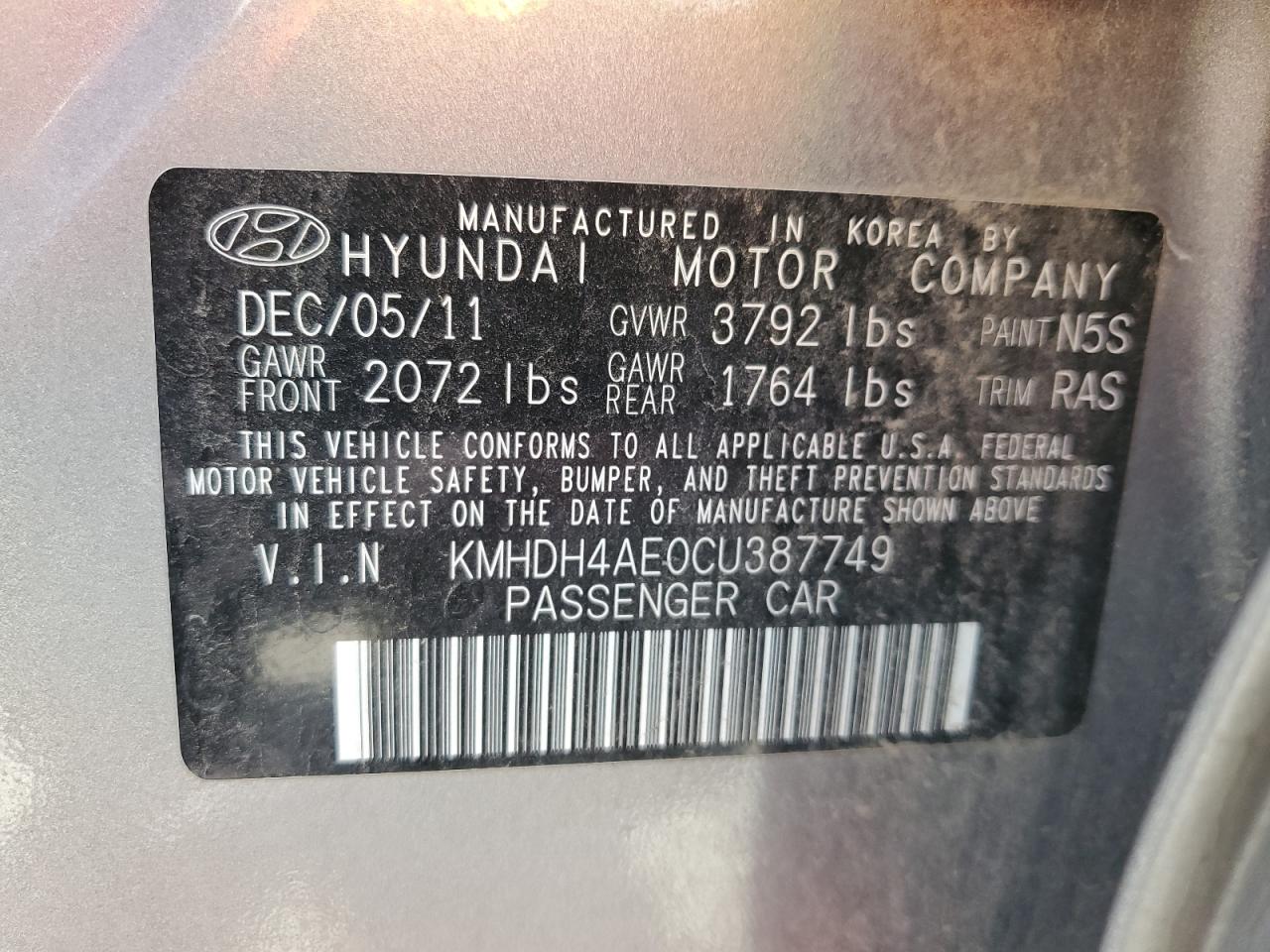 KMHDH4AE0CU387749 2012 Hyundai Elantra Gls