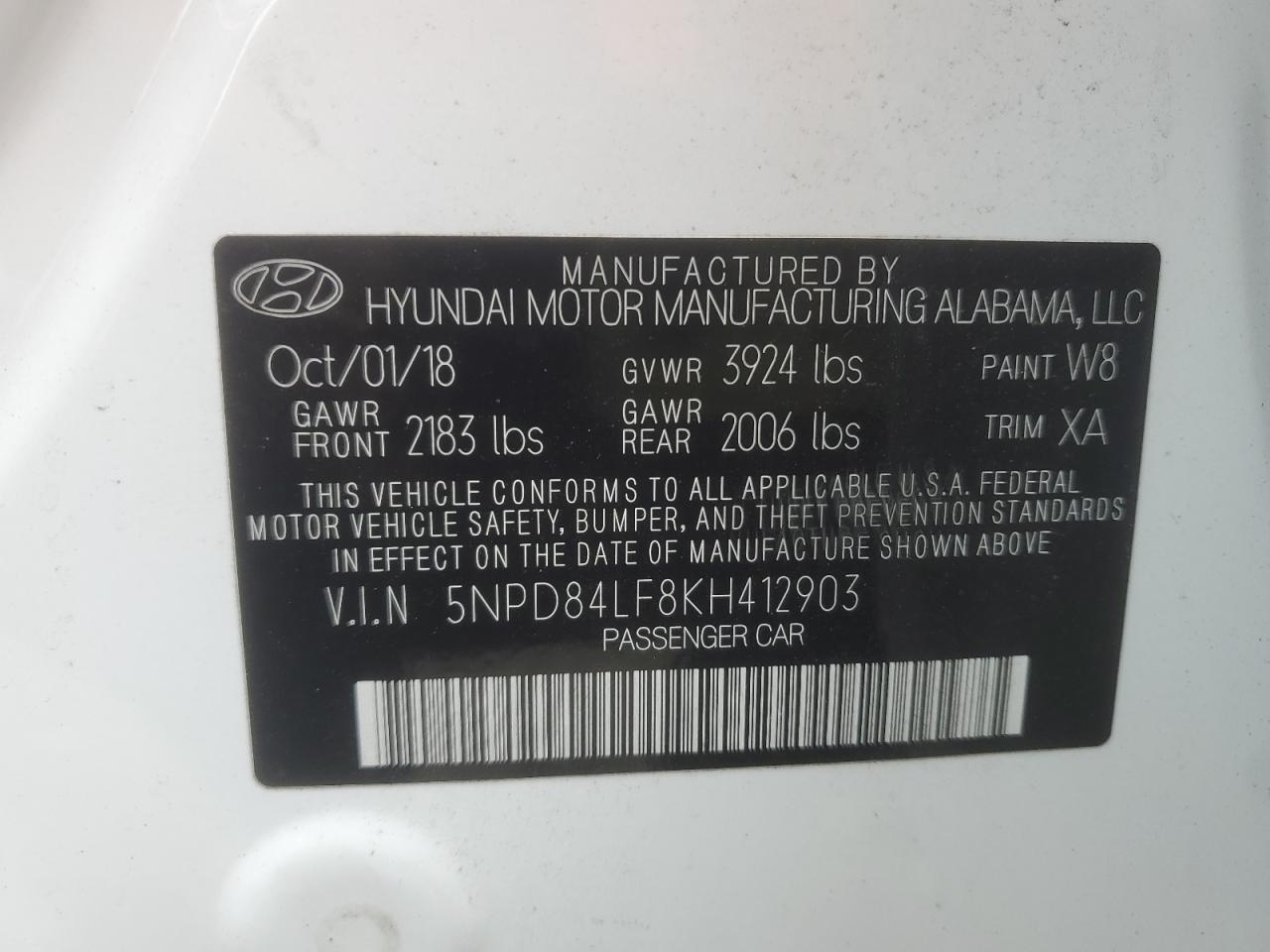 5NPD84LF8KH412903 2019 Hyundai Elantra Sel