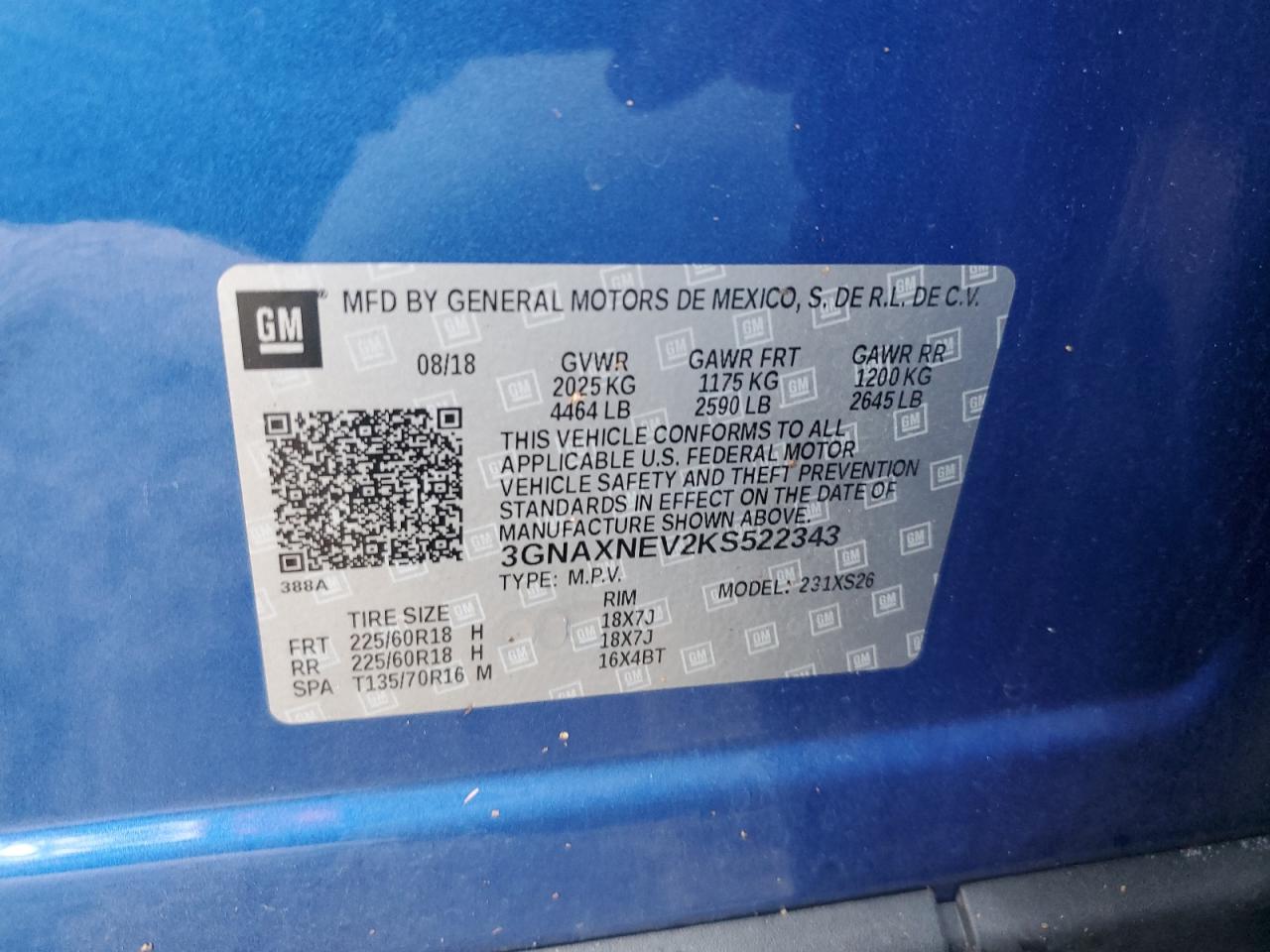 3GNAXNEV2KS522343 2019 Chevrolet Equinox Premier