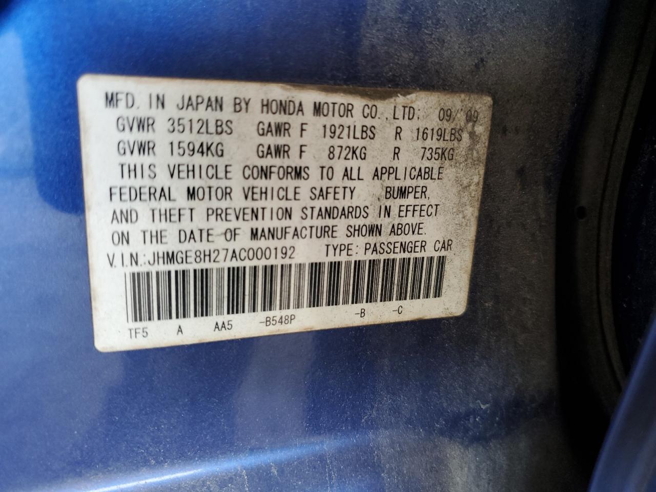 JHMGE8H27AC000192 2010 Honda Fit