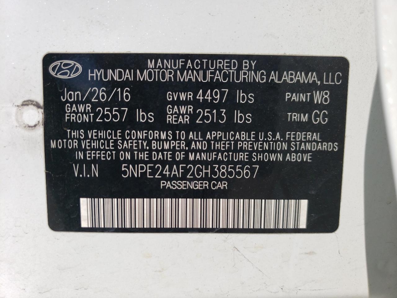 5NPE24AF2GH385567 2016 Hyundai Sonata Se