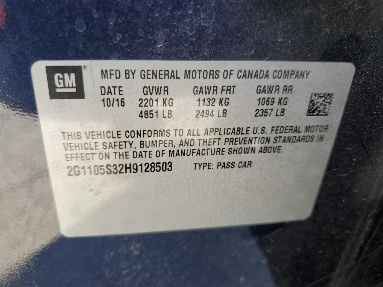 2G1105S32H9128503 2017 Chevrolet Impala Lt