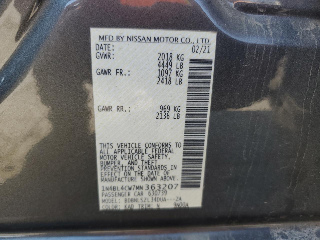 2021 Nissan Altima Sr VIN: 1N4BL4CW7MN363207 Lot: 71357774