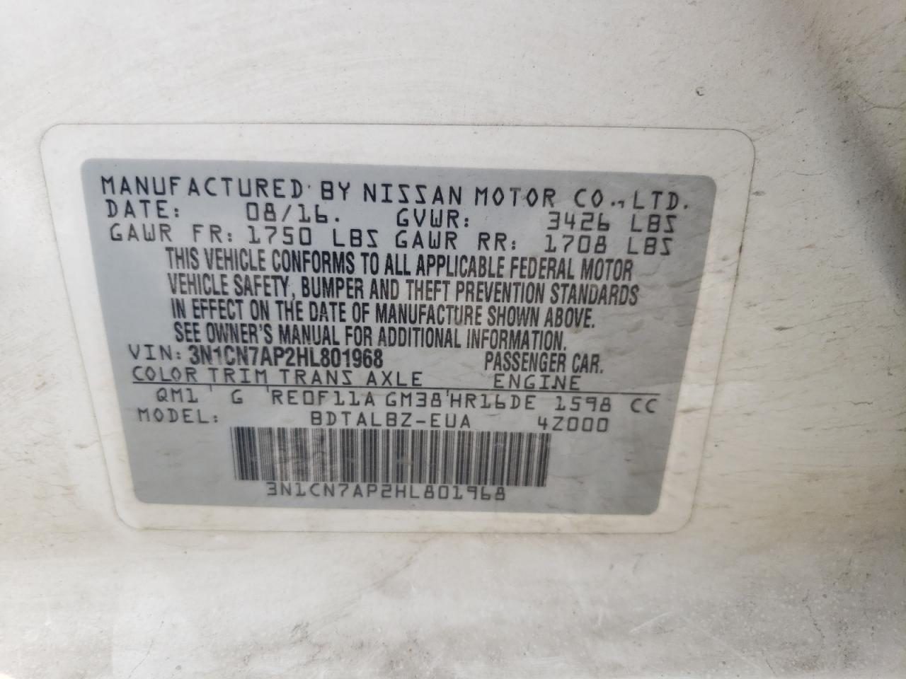 3N1CN7AP2HL801968 2017 Nissan Versa S