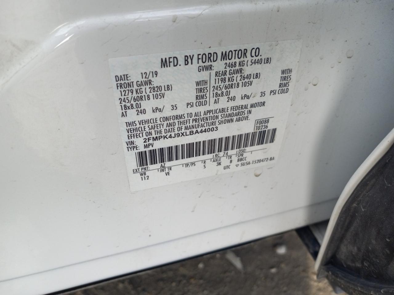 2FMPK4J9XLBA44003 2020 Ford Edge Sel