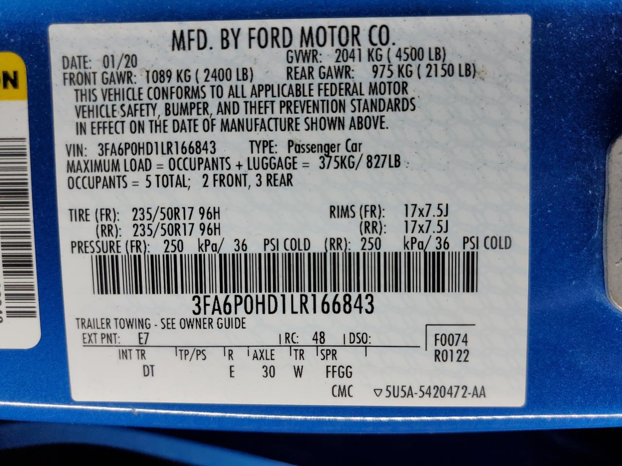 3FA6P0HD1LR166843 2020 Ford Fusion Se