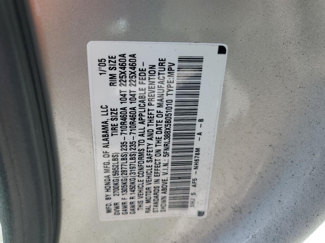 5FNRL388X5B051010 2005 Honda Odyssey Touring