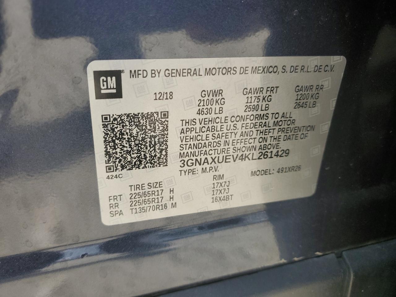 3GNAXUEV4KL261429 2019 Chevrolet Equinox Lt