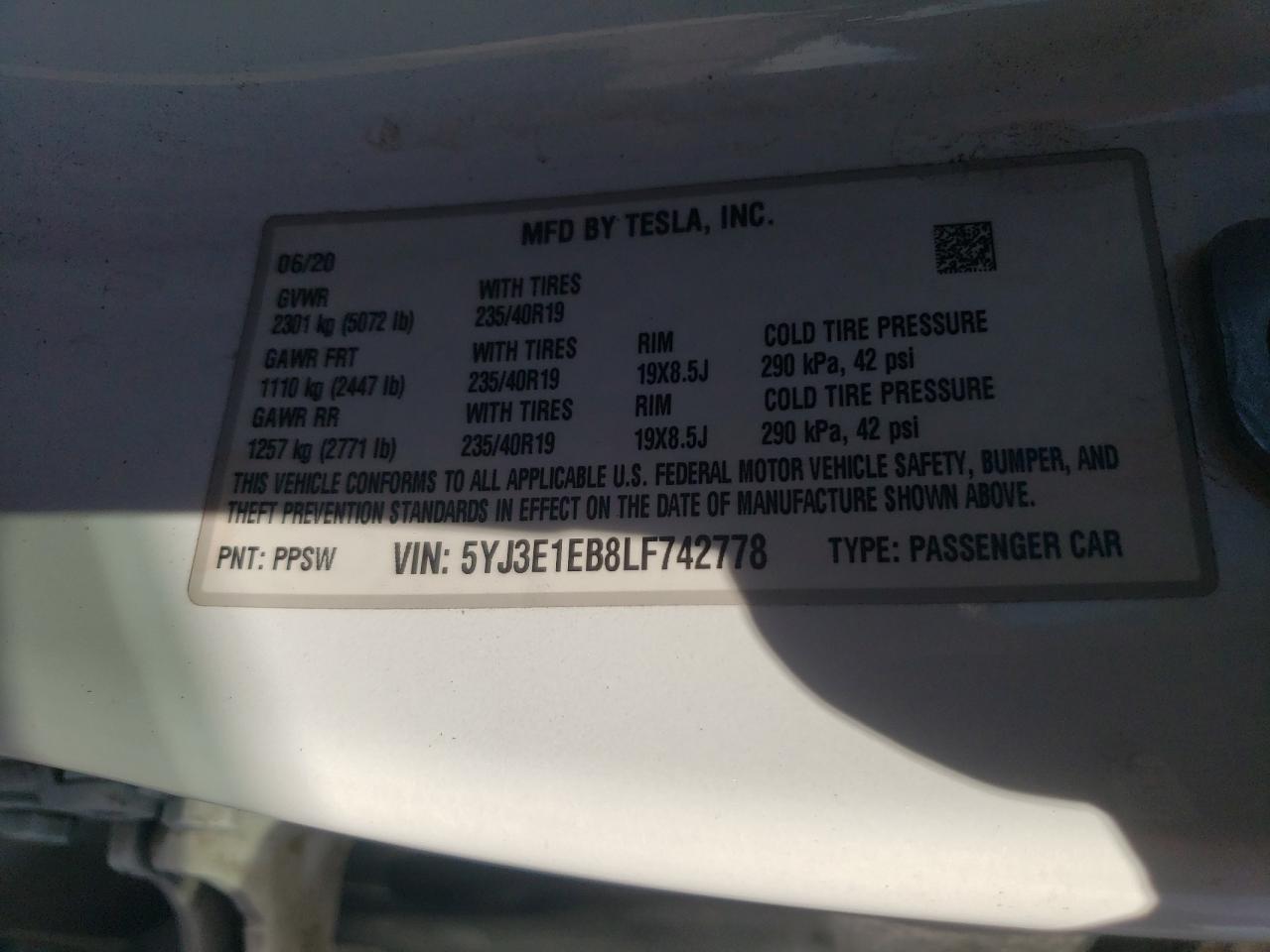 2020 Tesla Model 3 VIN: 5YJ3E1EB8LF742778 Lot: 73319644