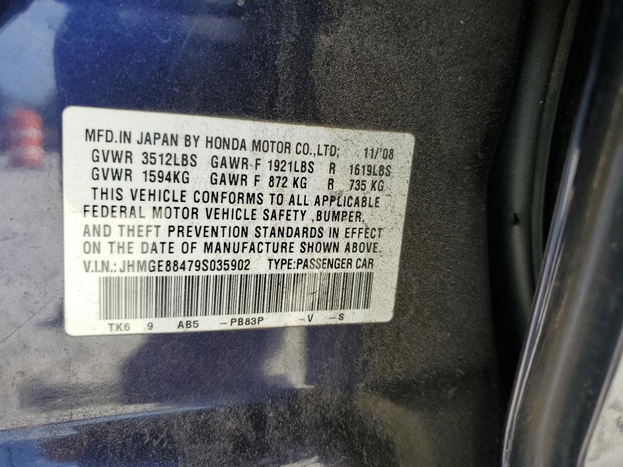 2009 Honda Fit Sport VIN: JHMGE88479S035902 Lot: 70802894