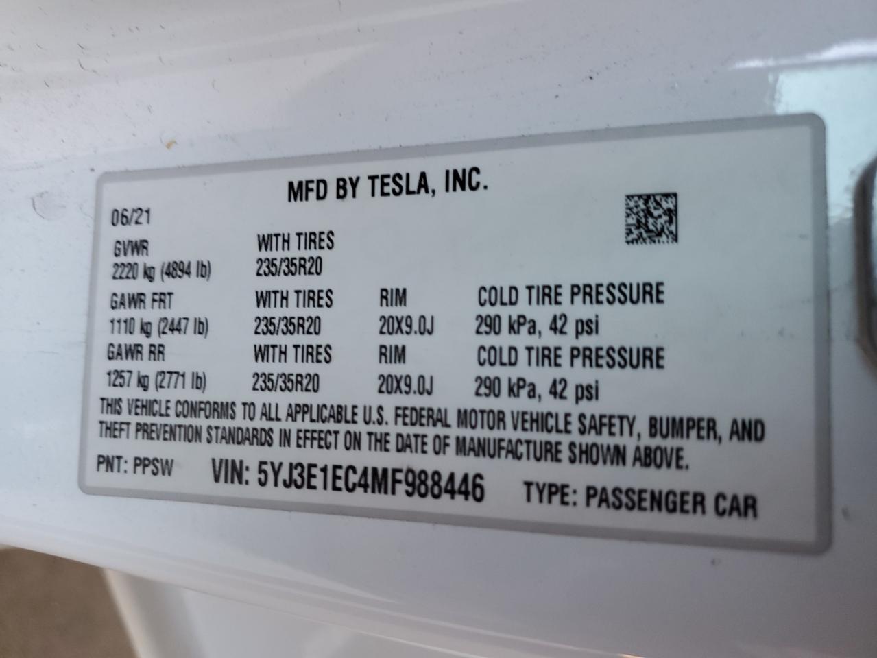 5YJ3E1EC4MF988446 2021 Tesla Model 3