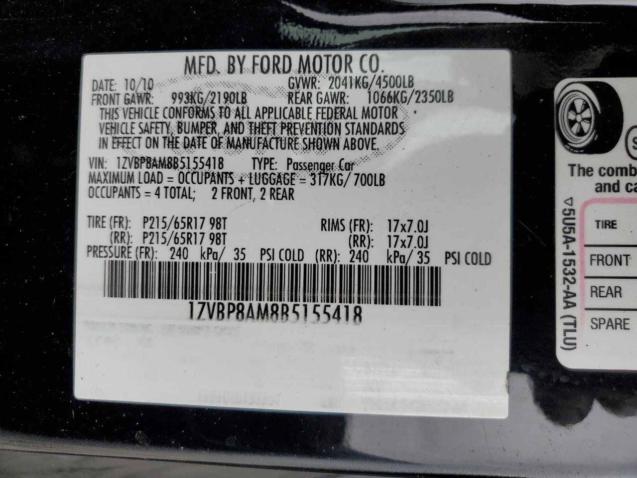 1ZVBP8AM8B5155418 2011 Ford Mustang