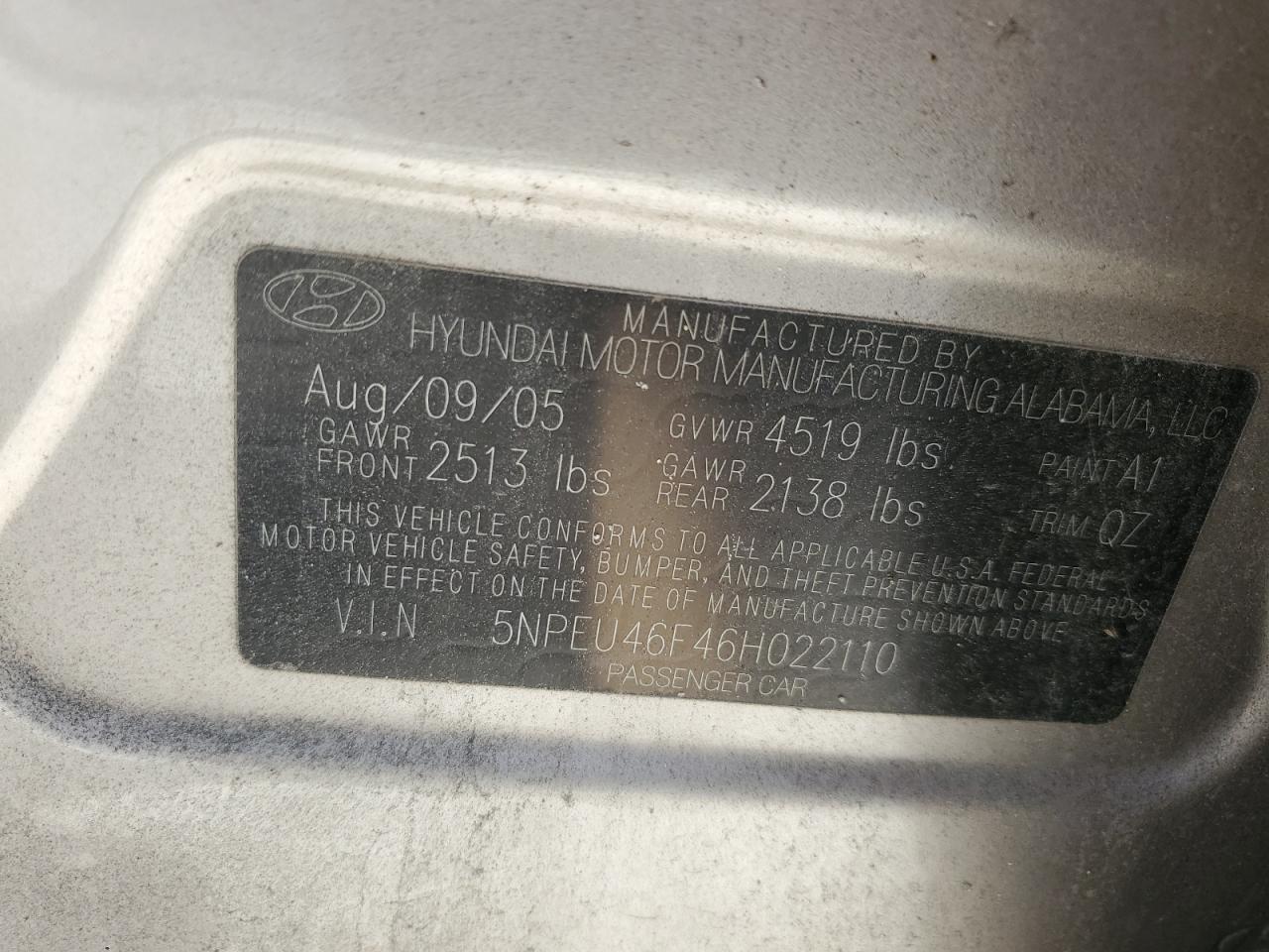 5NPEU46F46H022110 2006 Hyundai Sonata Gls