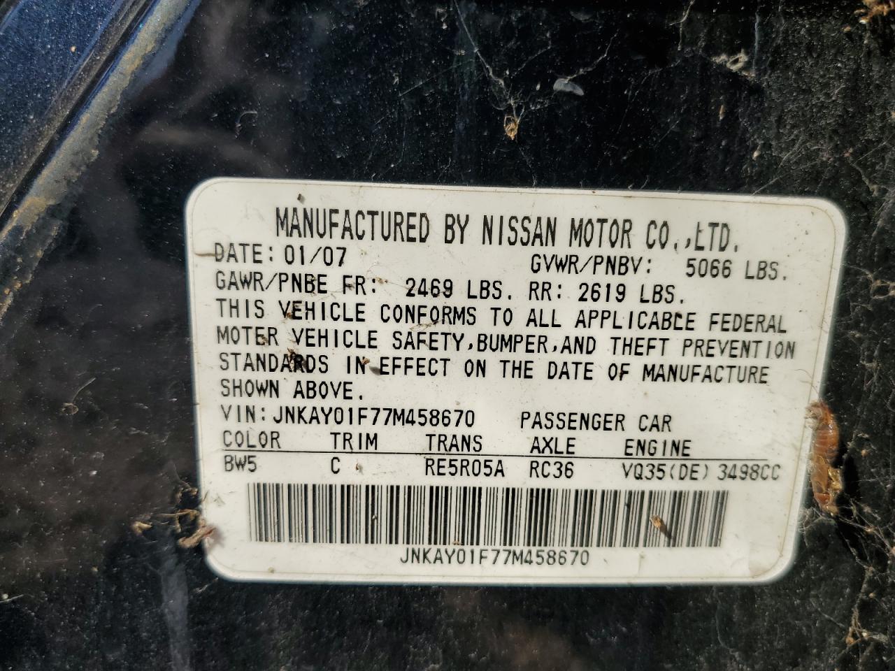 2007 Infiniti M35 Base VIN: JNKAY01F77M458670 Lot: 70842844