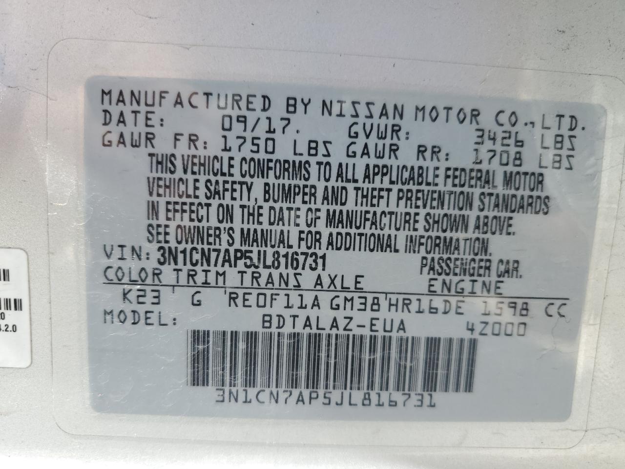 3N1CN7AP5JL816731 2018 Nissan Versa S