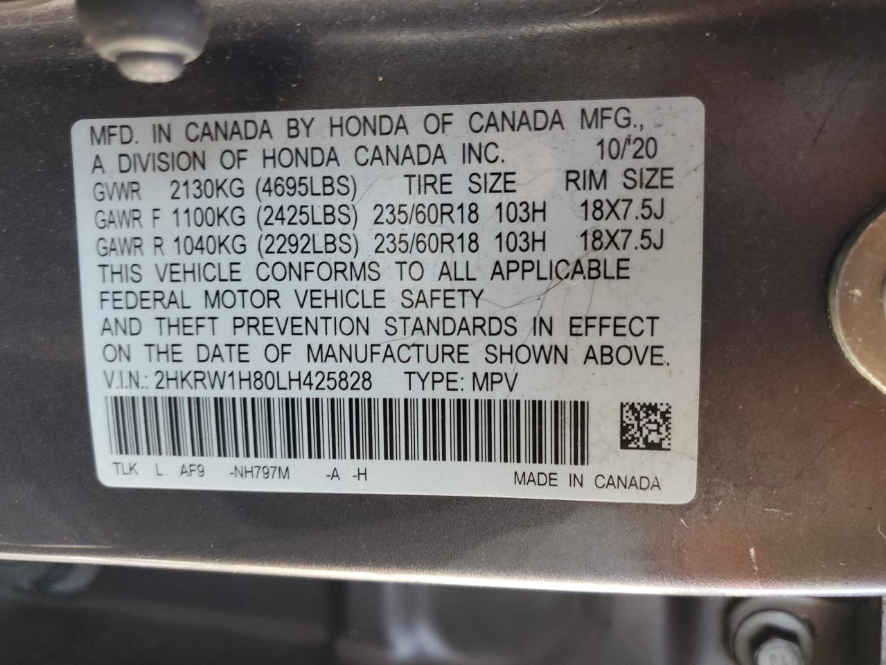 2020 Honda Cr-V Exl VIN: 2HKRW1H80LH425828 Lot: 71397004