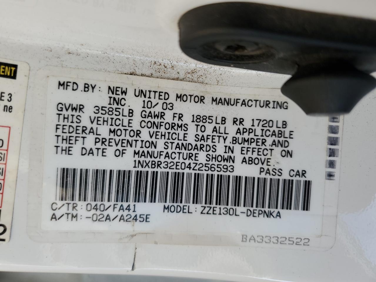 2004 Toyota Corolla Ce VIN: 1NXBR32E04Z256593 Lot: 72566784