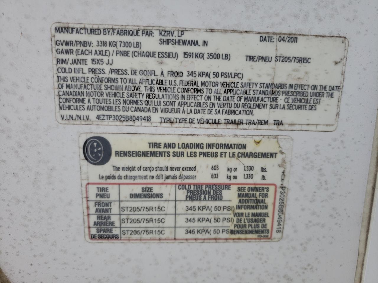 2011 Kzrv Stratus VIN: 4EZTP3025B8049418 Lot: 71012544