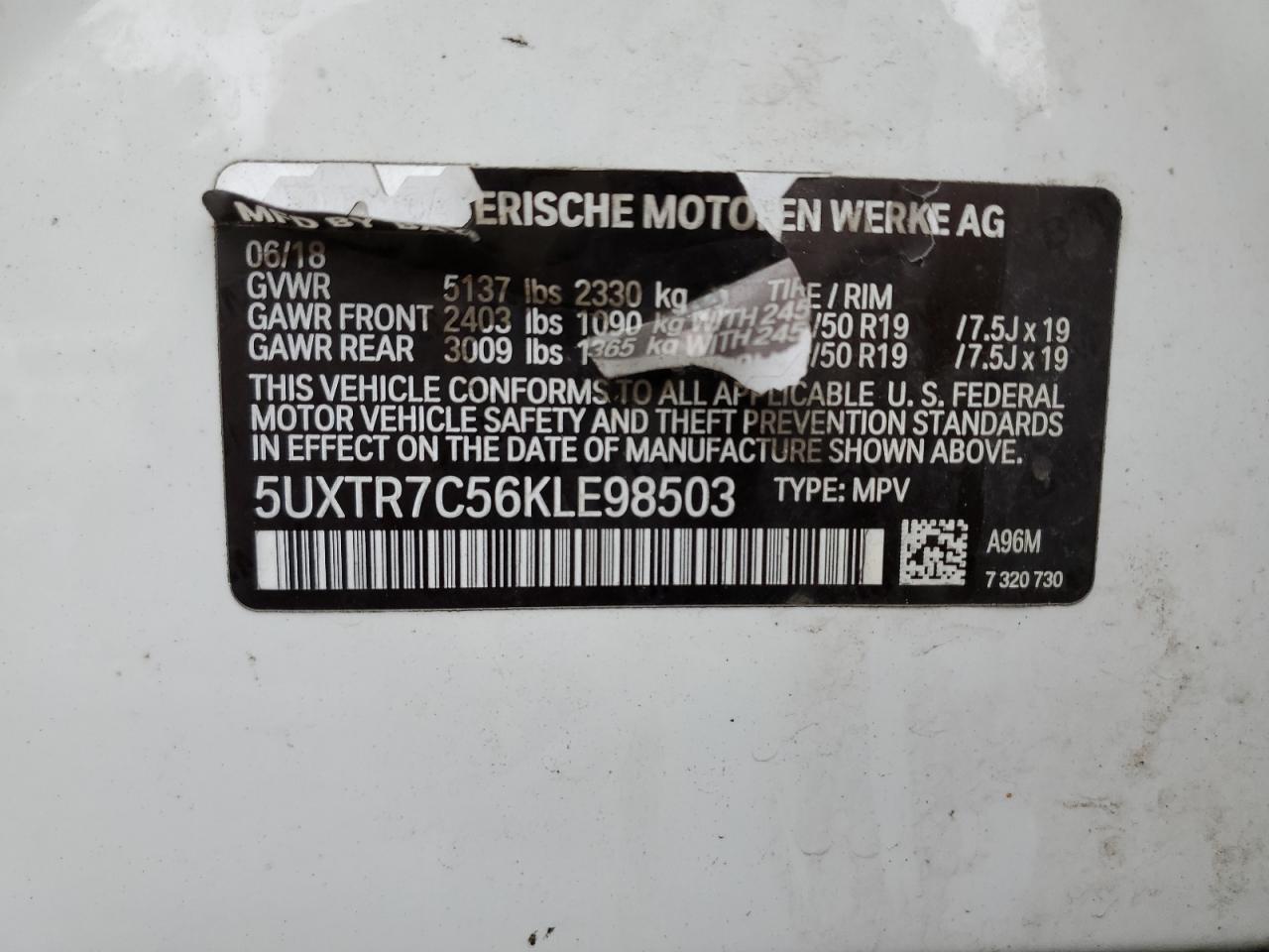 5UXTR7C56KLE98503 2019 BMW X3 Sdrive30I