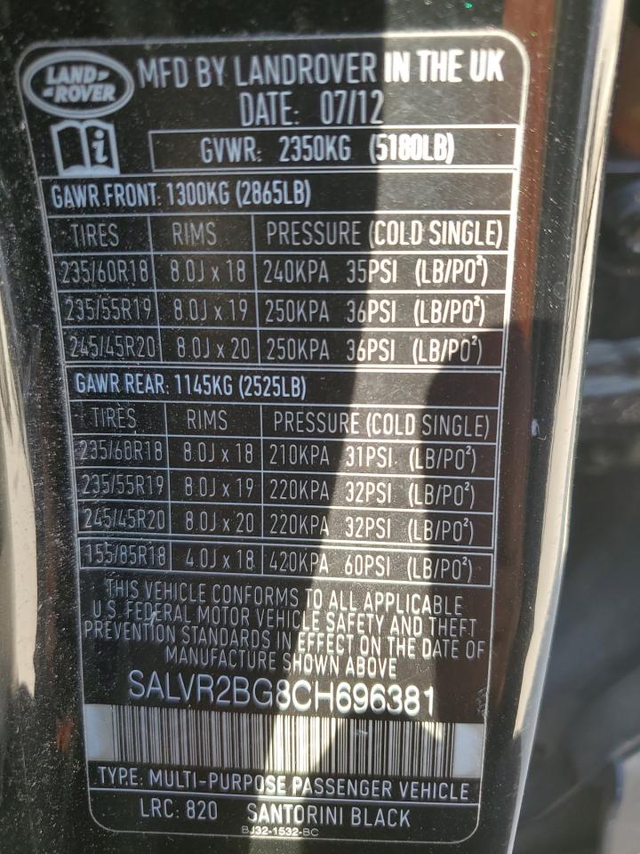 2012 Land Rover Range Rover Evoque Pure Premium VIN: SALVR2BG8CH696381 Lot: 72698744