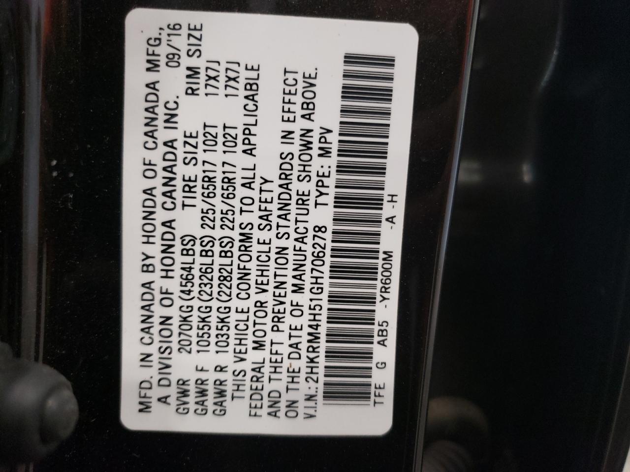 2HKRM4H51GH706278 2016 Honda Cr-V Ex