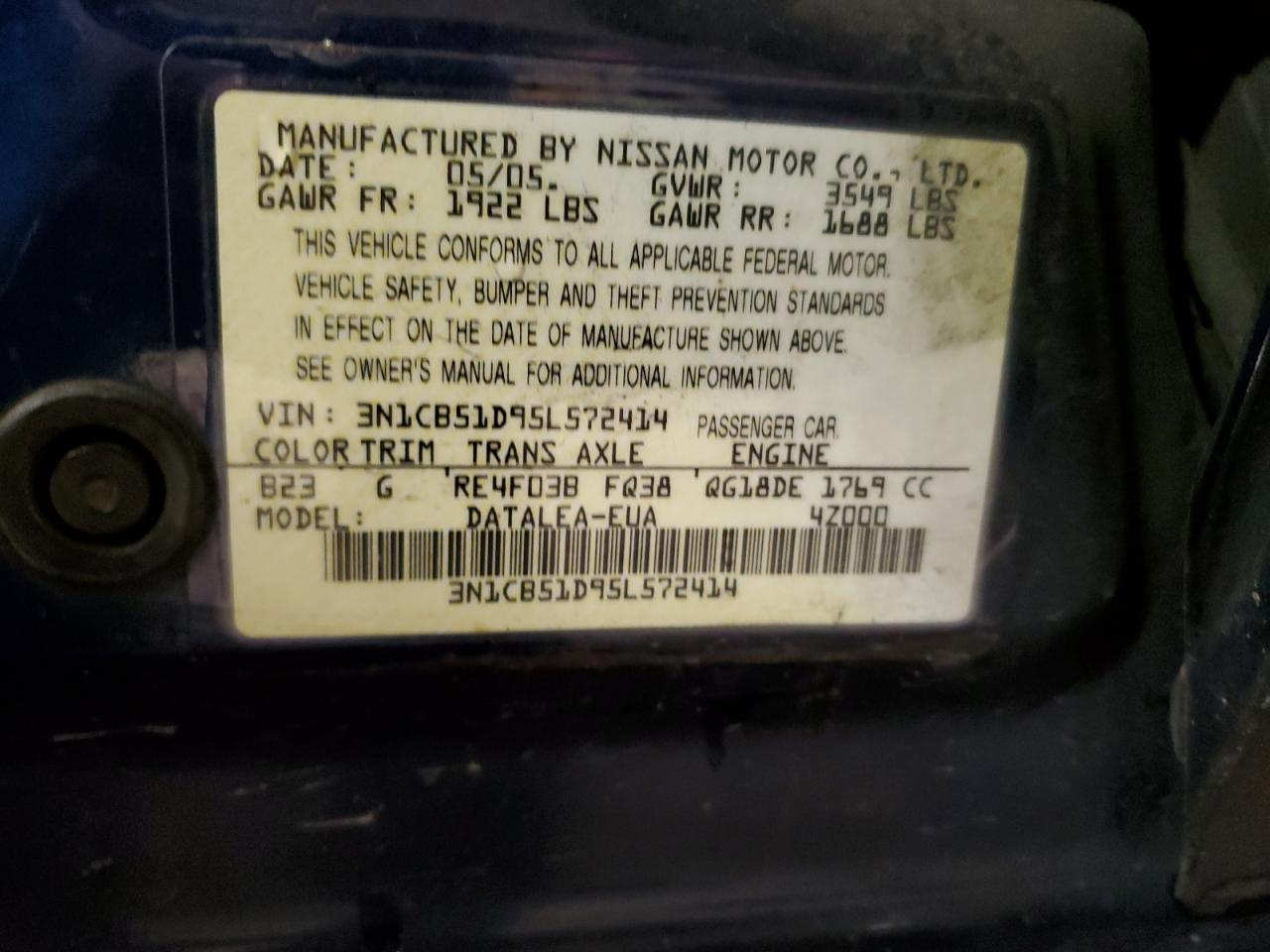 2005 Nissan Sentra 1.8 VIN: 3N1CB51D95L572414 Lot: 71405024