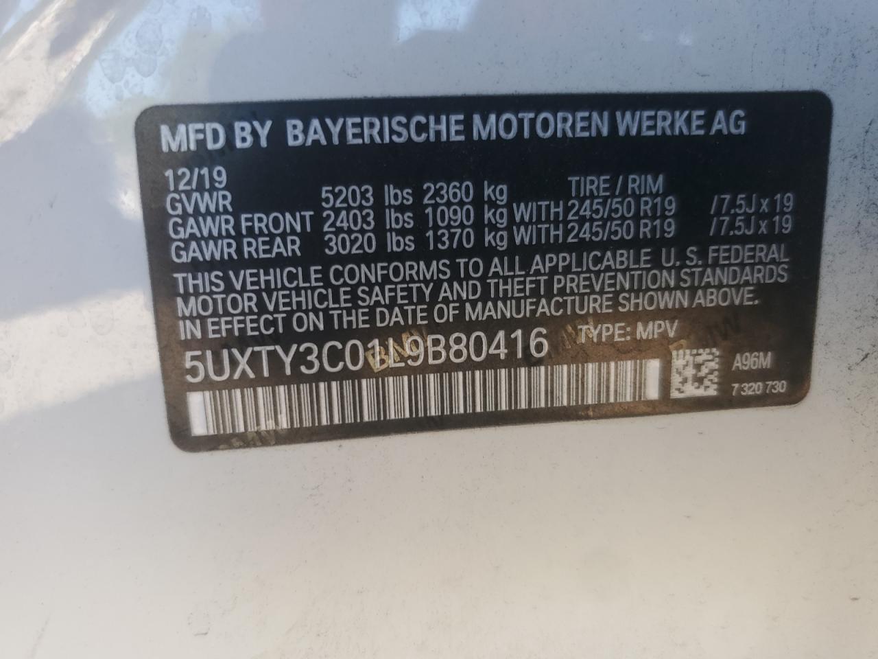 5UXTY3C01L9B80416 2020 BMW X3 Sdrive30I