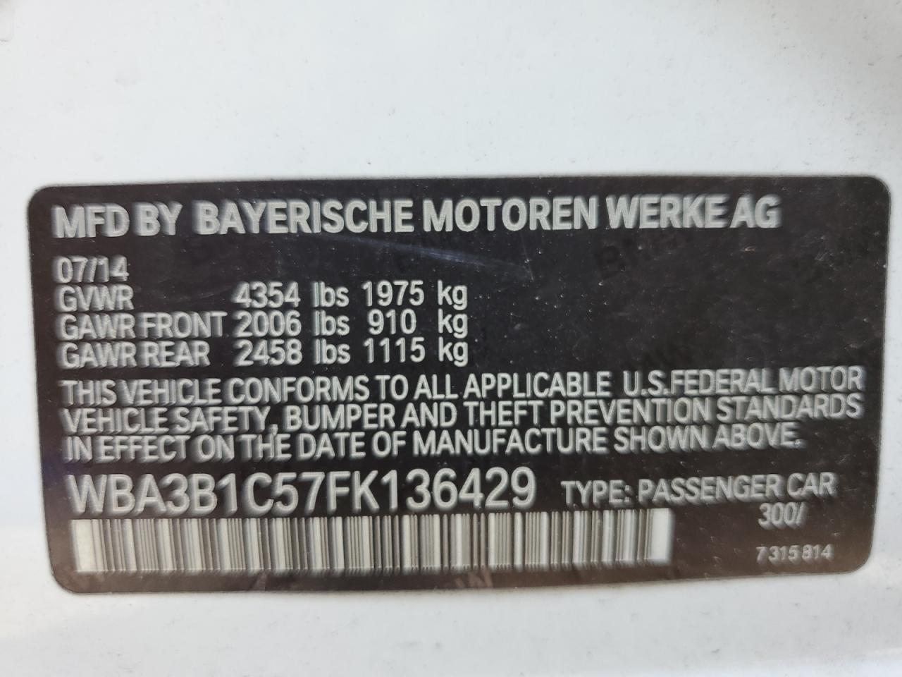 WBA3B1C57FK136429 2015 BMW 320 I