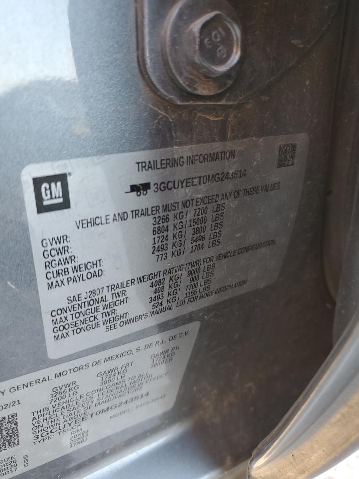 2021 Chevrolet Silverado K1500 Rst VIN: 3GCUYEET0MG243514 Lot: 70503714