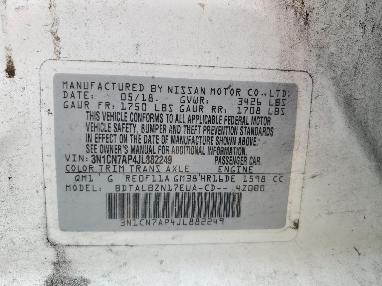 3N1CN7AP4JL882249 2018 Nissan Versa S