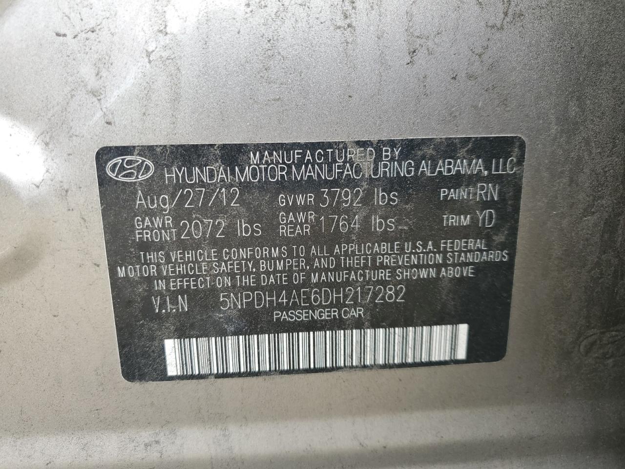 5NPDH4AE6DH217282 2013 Hyundai Elantra Gls