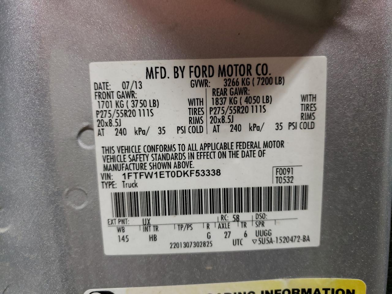 1FTFW1ET0DKF53338 2013 Ford F150 Supercrew