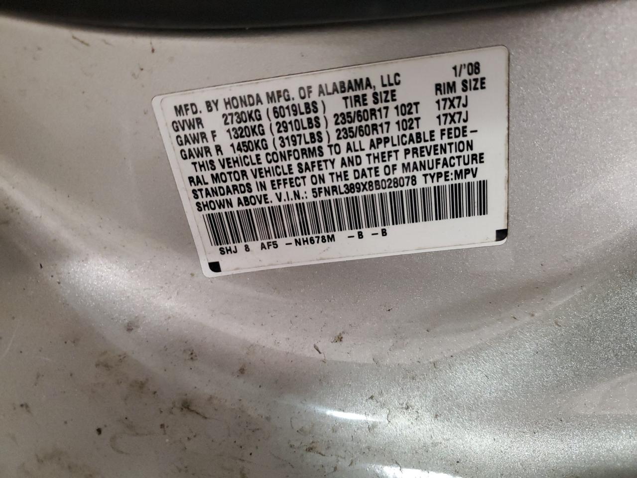 5FNRL389X8B028078 2008 Honda Odyssey Touring