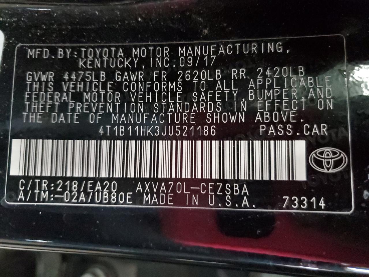 4T1B11HK3JU521186 2018 TOYOTA CAMRY - Image 12