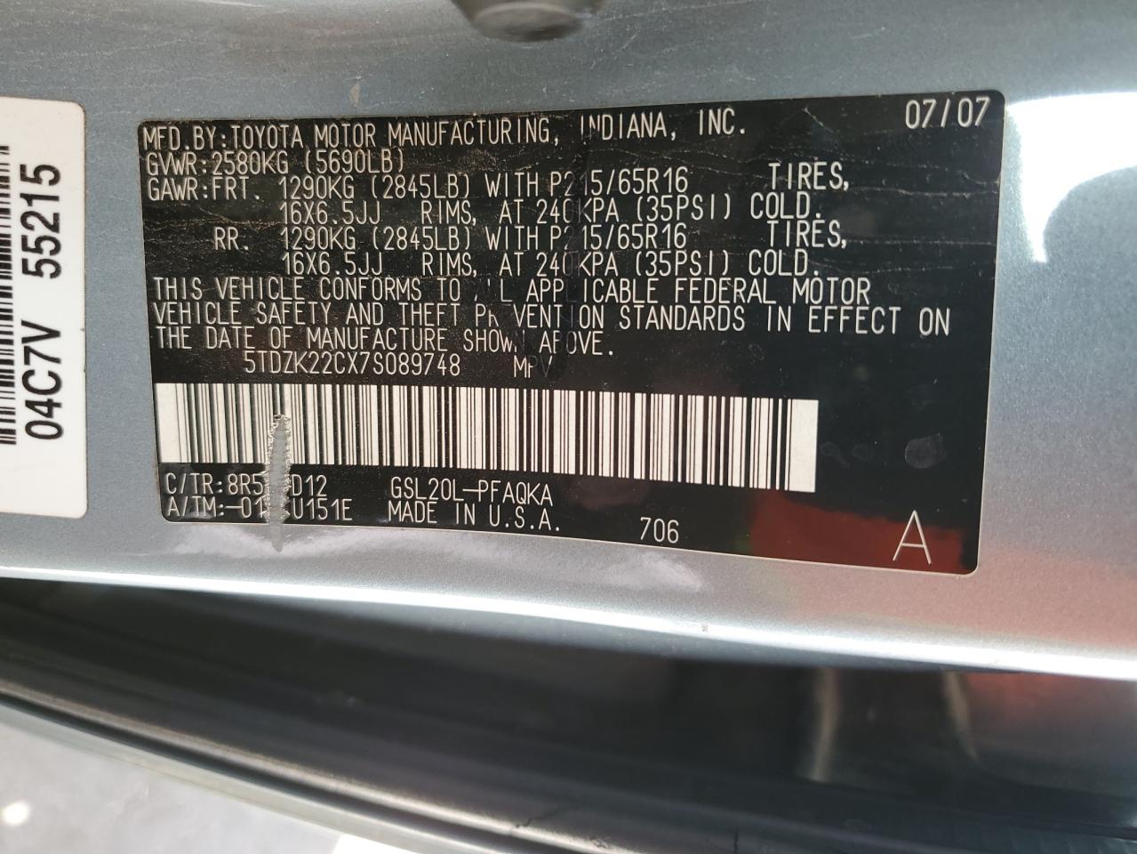 5TDZK22CX7S089748 2007 Toyota Sienna Xle