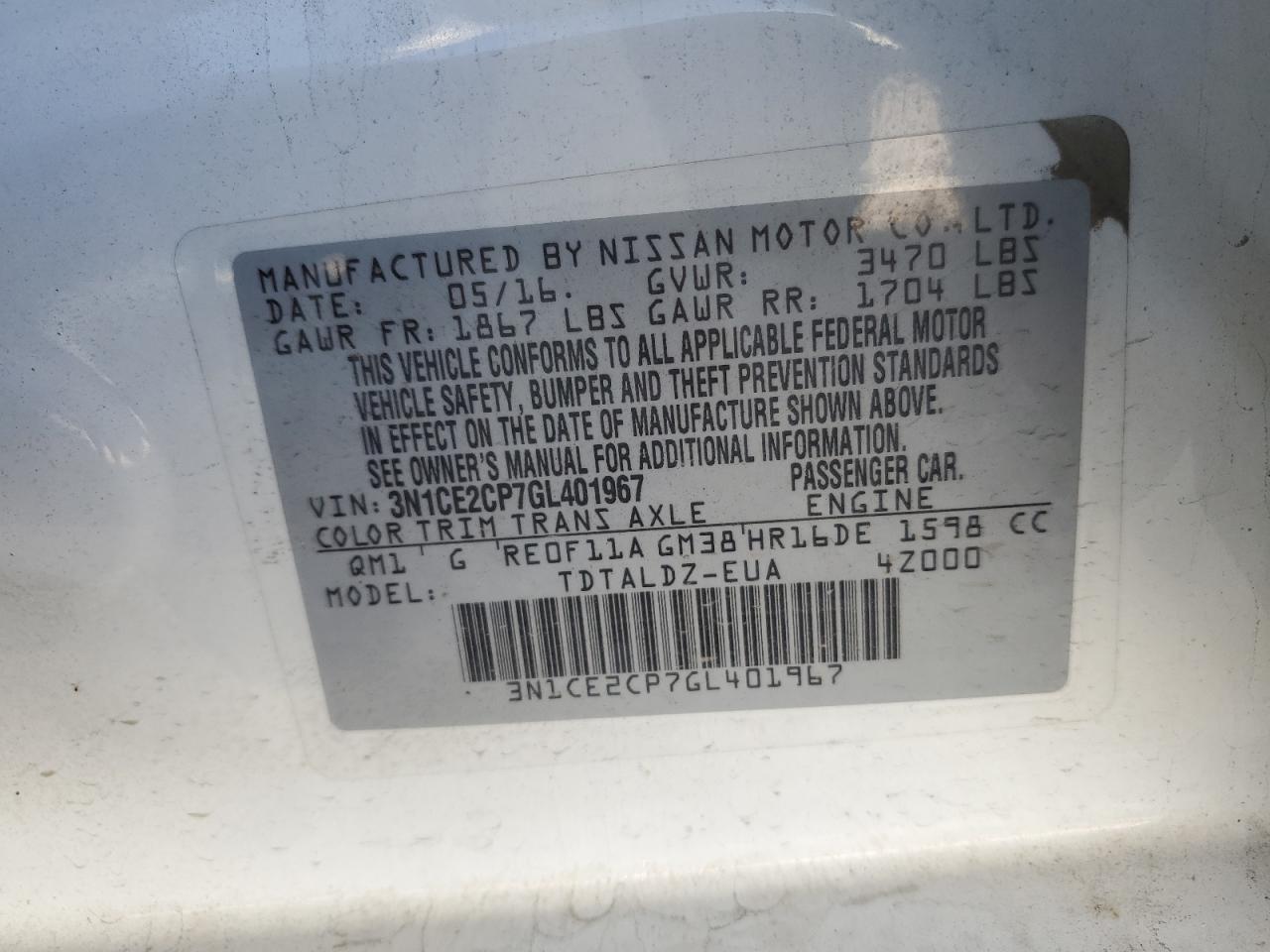 3N1CE2CP7GL401967 2016 Nissan Versa Note S