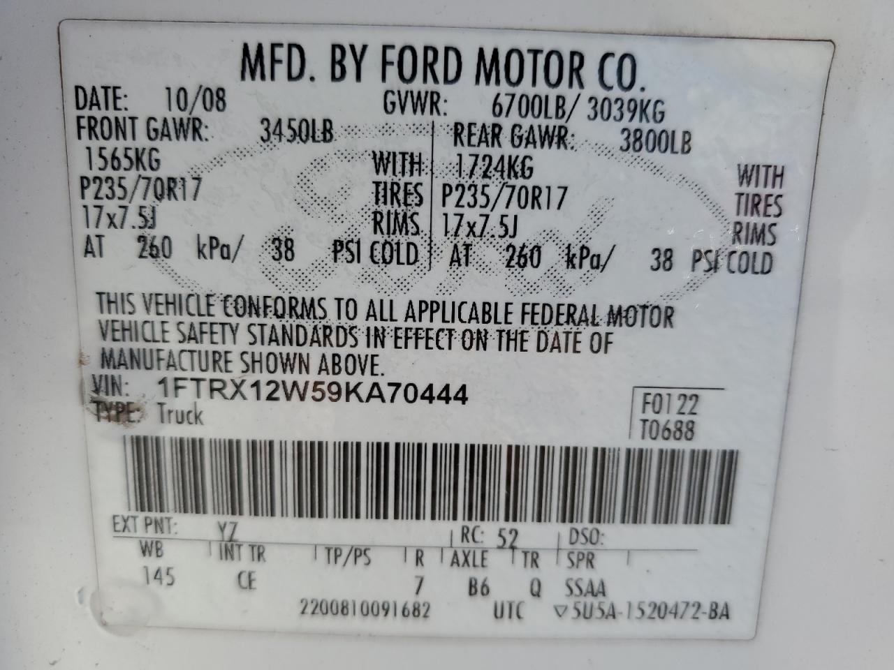 2009 Ford F150 Super Cab VIN: 1FTRX12W59KA70444 Lot: 70864634