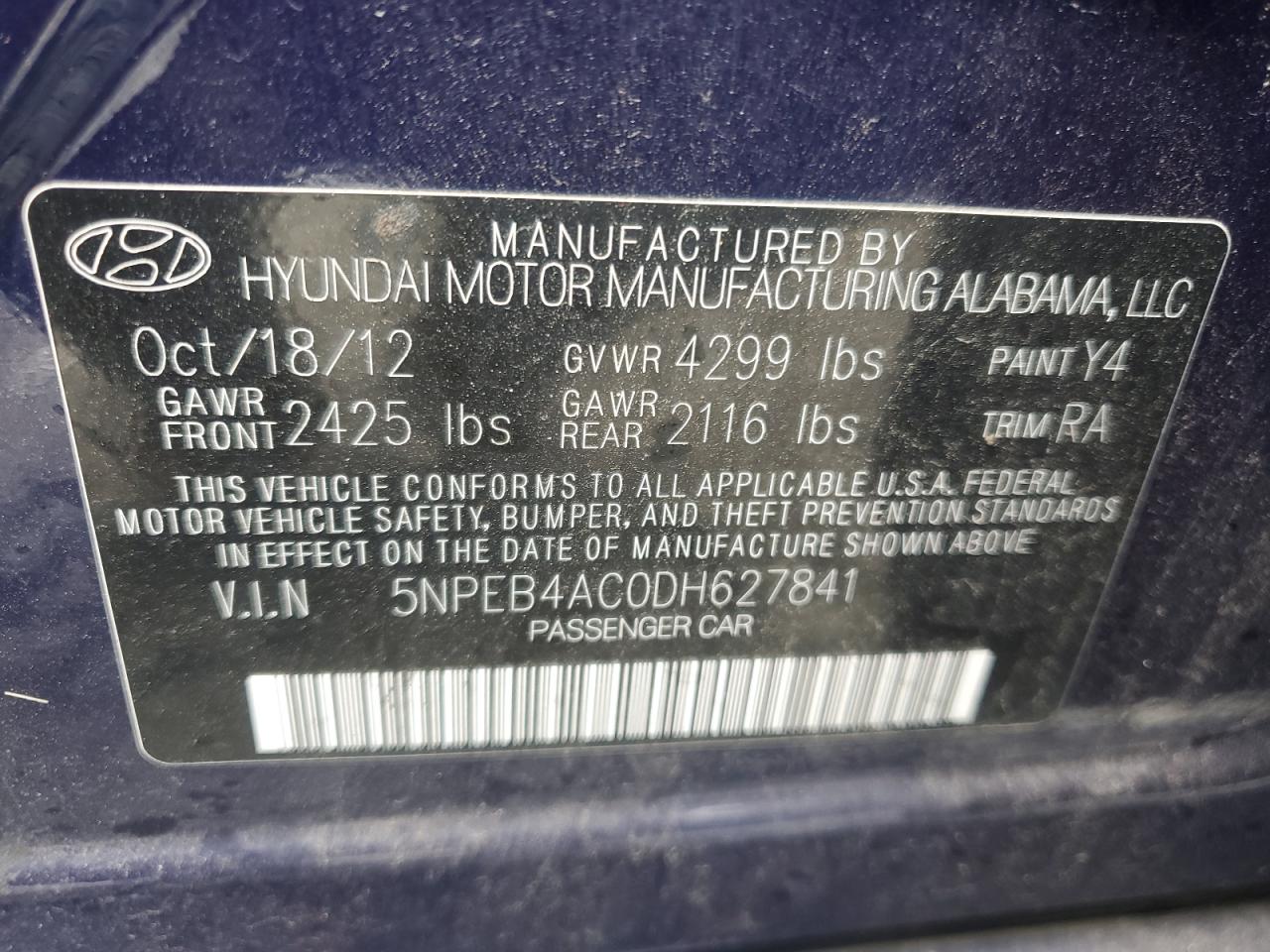 5NPEB4AC0DH627841 2013 Hyundai Sonata Gls