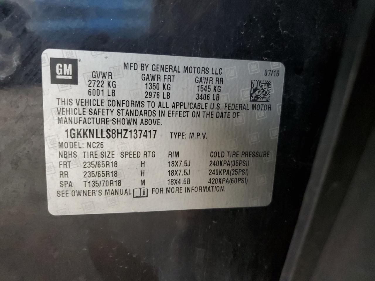 1GKKNLLS8HZ137417 2017 GMC Acadia Sle