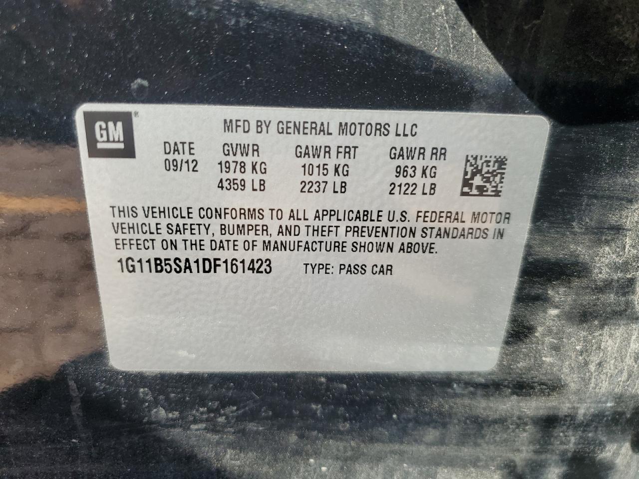 2013 Chevrolet Malibu Ls VIN: 1G11B5SA1DF161423 Lot: 70182764